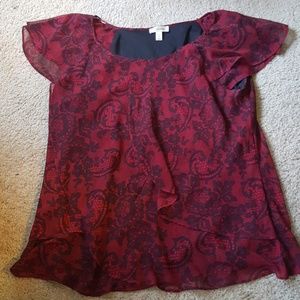 DressBarn Burgundy Tiered blouse w/ Lace Motif